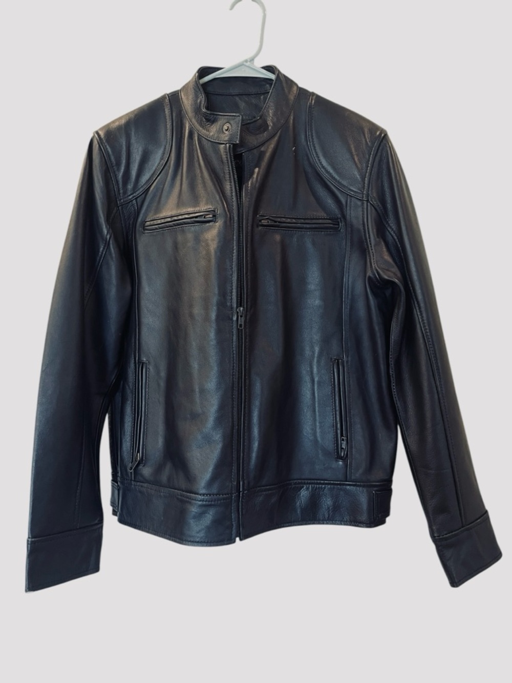 Men's Black Real Leather Biker Jacket Racer Moto Coat Size: Large